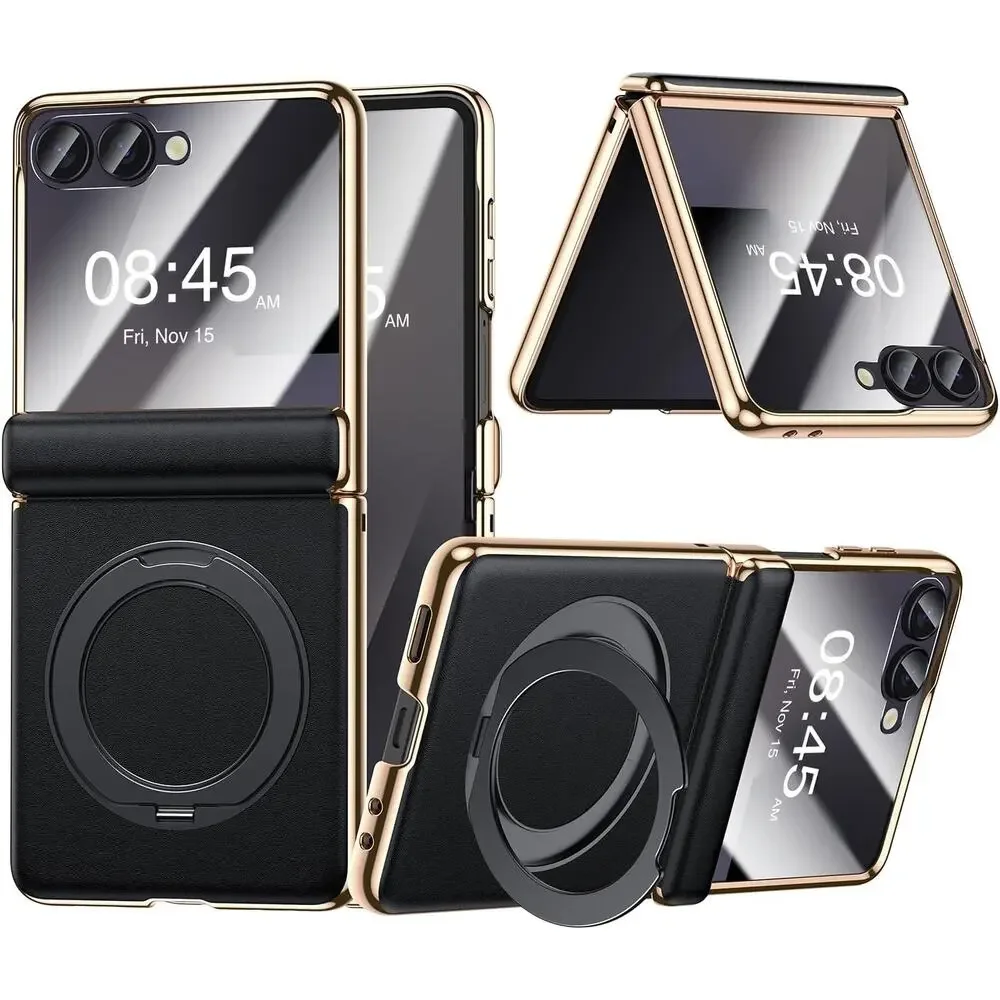 YOOVEI For Galaxy Z Flip 6 Case Luxury Leather With Screen Protector